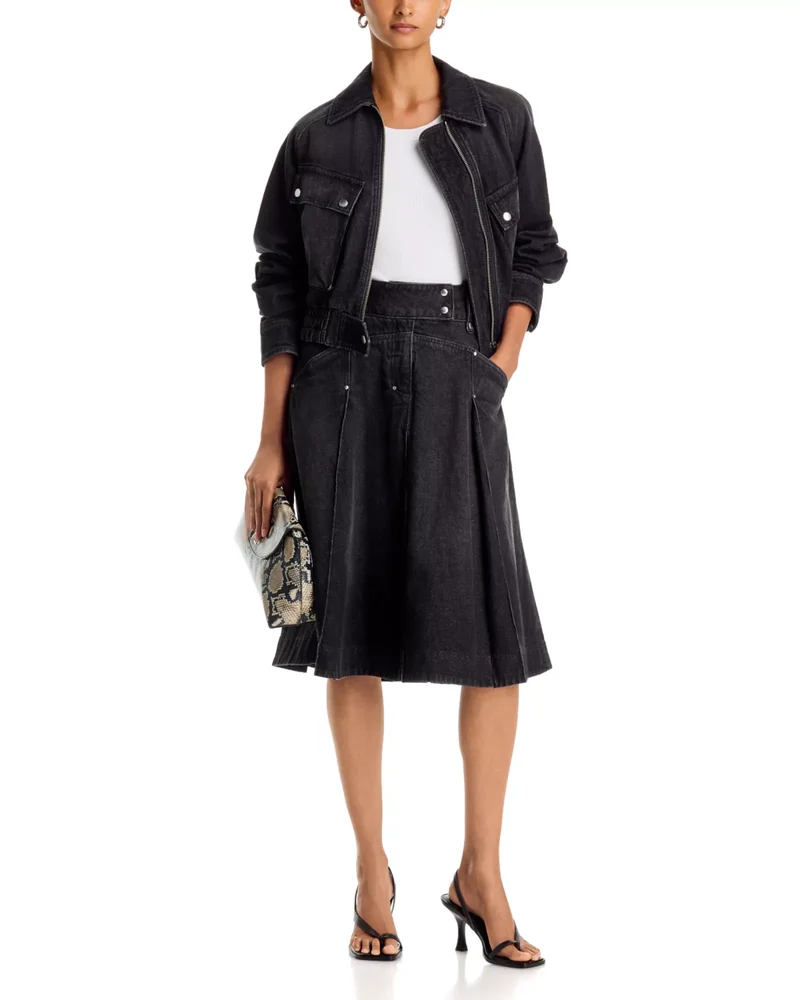 Cropped Denim Bomber Jacket and Pleated Denim Midi Skirt