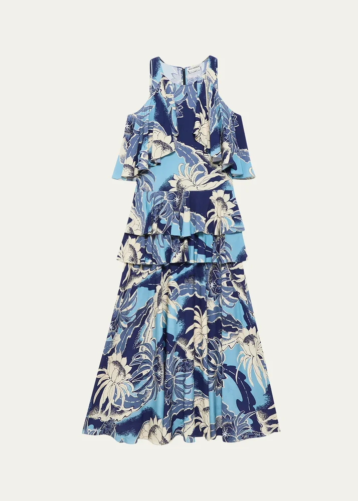 Sleeveless Floral Tiered Ruffle Midi Dress