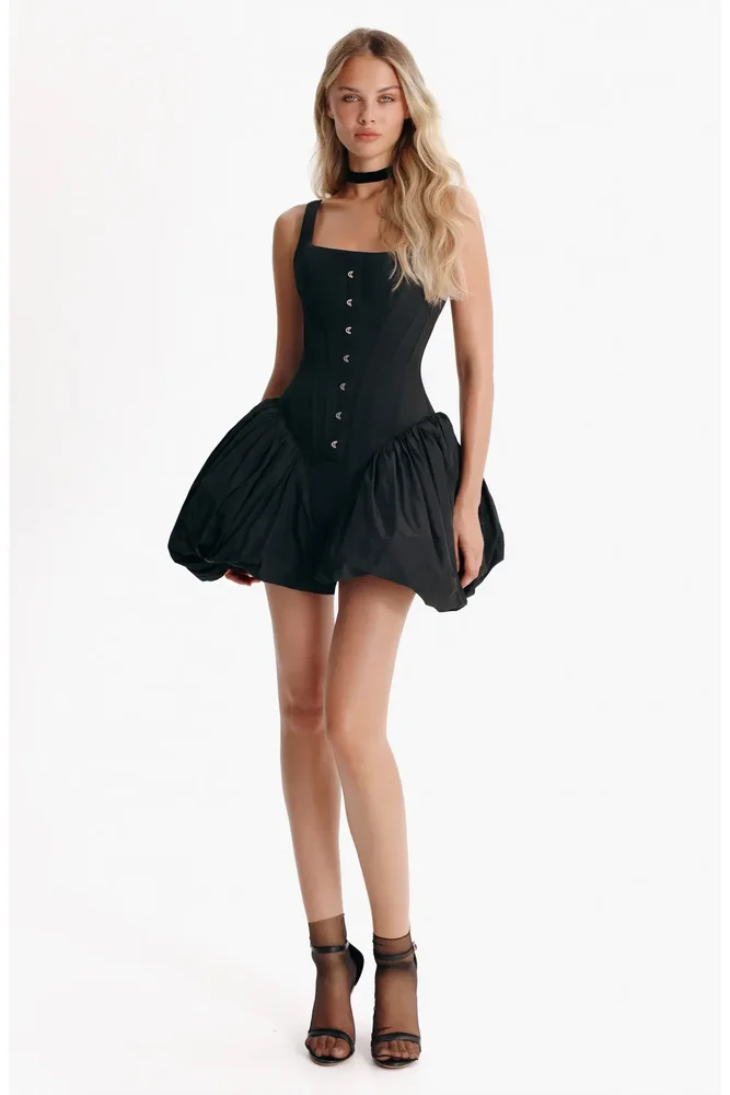 Structured Corset Formal Occasion Mini Dress in Black Taffeta