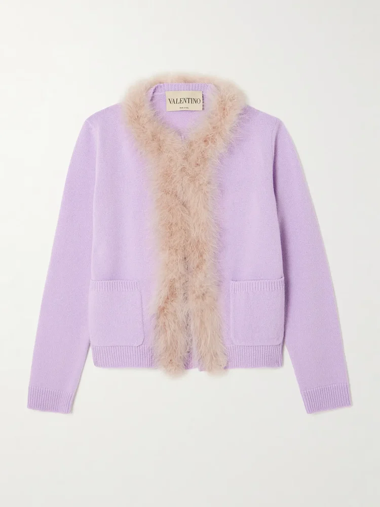 Feather-trimmed wool cardigan