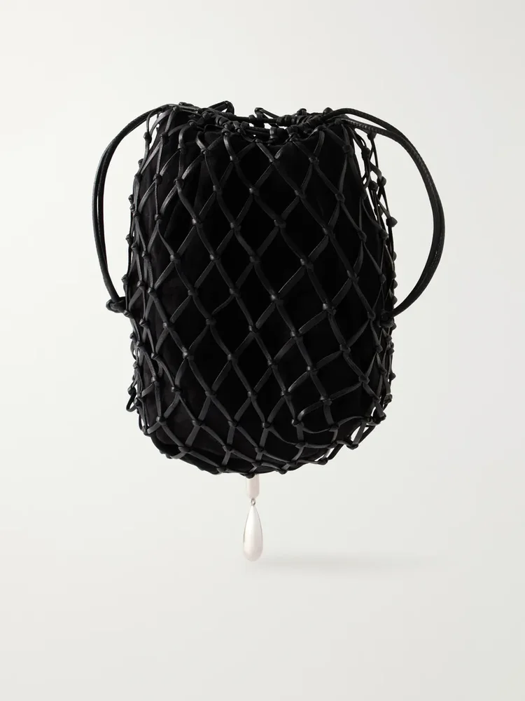 Macrame bead-embellished suede-trimmed leather pouch