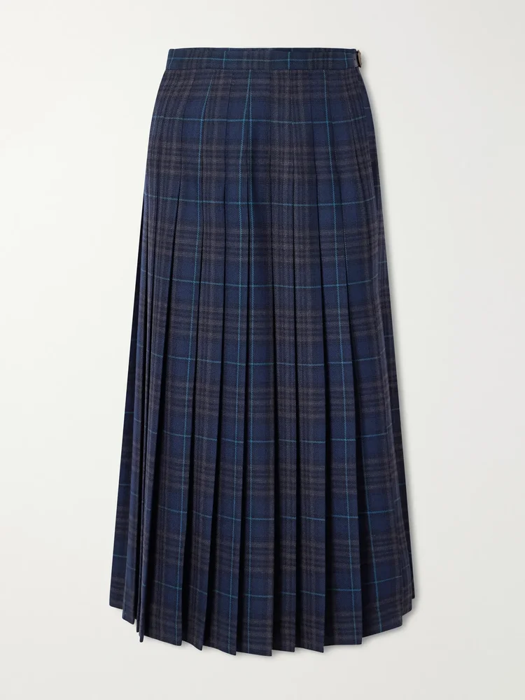 Elydia belted pleated checked wool-blend twill midi skirt