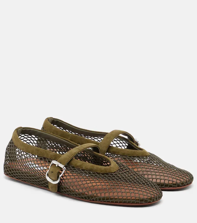 Suede-trimmed fishnet ballet flats