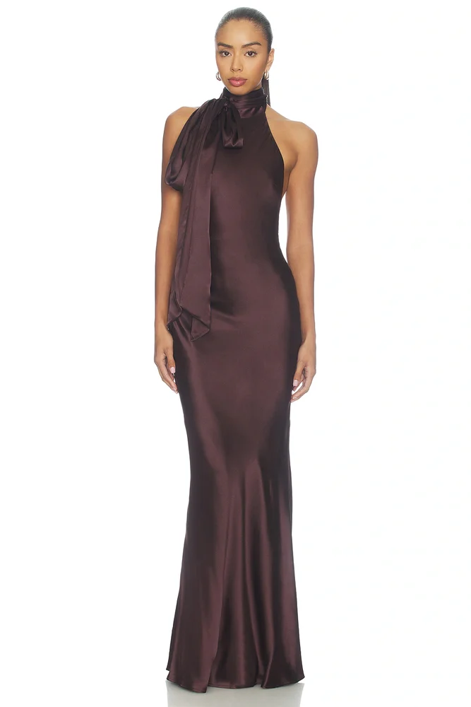Silk Satin Tie Neck Gown
