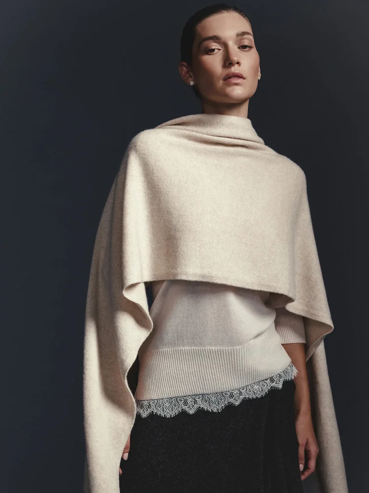 Women's Cashmere Fringe Sweater Wrap, Bisque Mélange