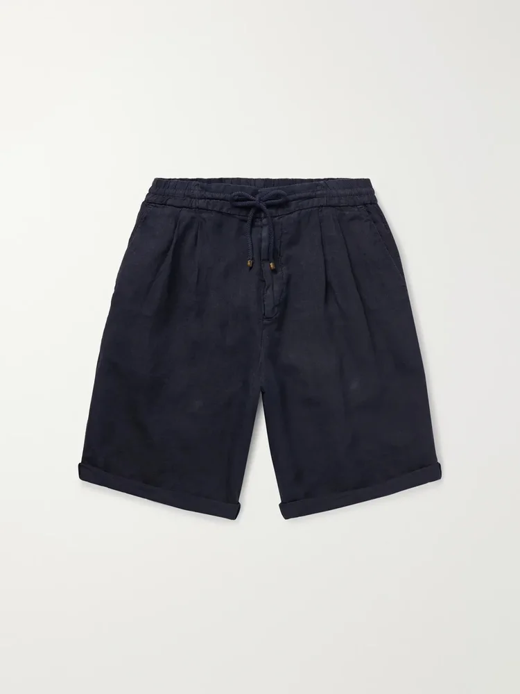 Straight-Leg Pleated Linen Bermuda Shorts