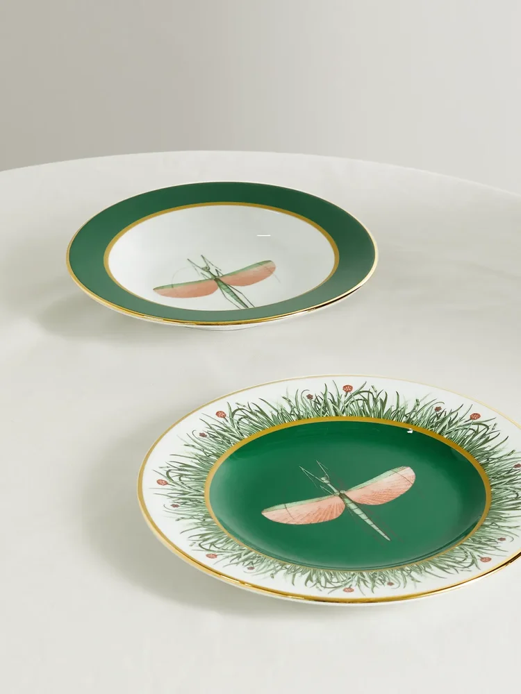 Gold-plated porcelain soup bowl and dinner plate set