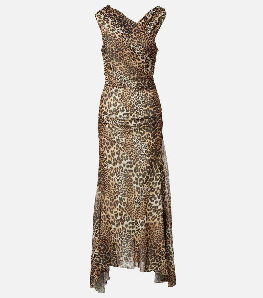 Ruched leopard-print mesh maxi dress