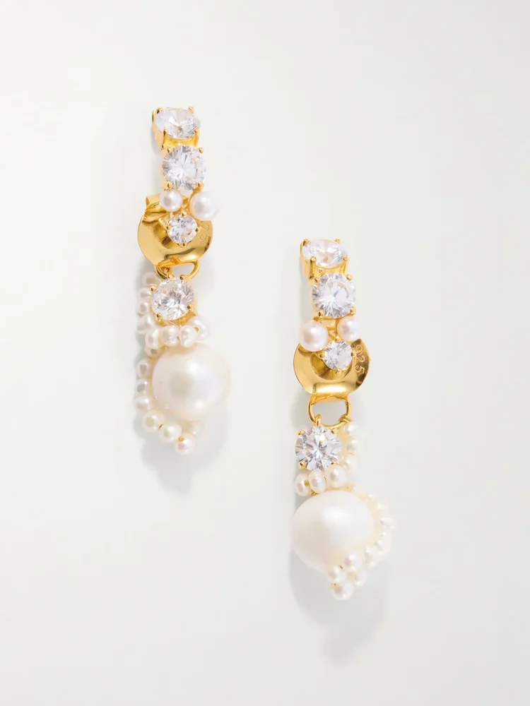 Gold-plated cubic zirconia and peal hoop earrings