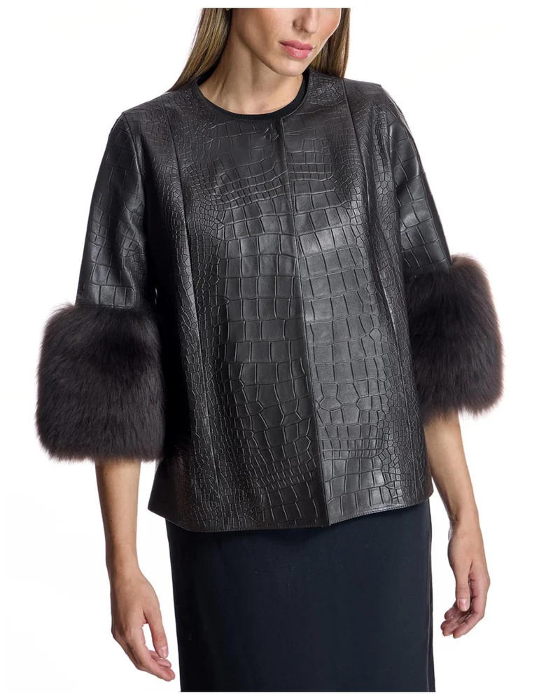 Croc Embossed Leather Jacket with Shearling Lamb Cuff Trim