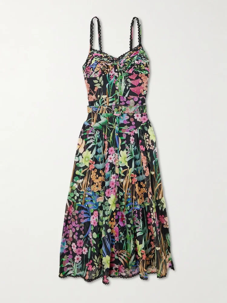 Cael belted pleated paneled lace-trimmed floral-print cotton-blend voile midi dress