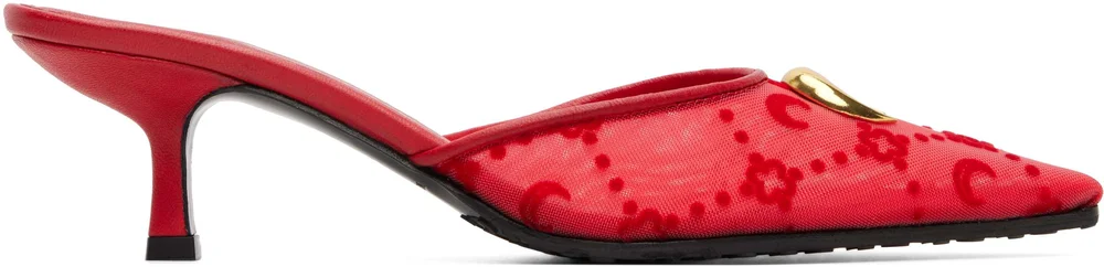 Red Mesh Flock Kitten Heel Mule Heels