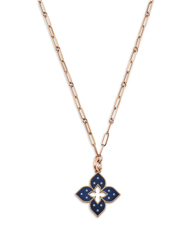 18K Rose Gold Venetian Princess Blue Titanium Diamond Flower Pendant Necklace, 33"