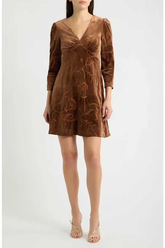 Long Sleeve Embroidered Velvet Dress