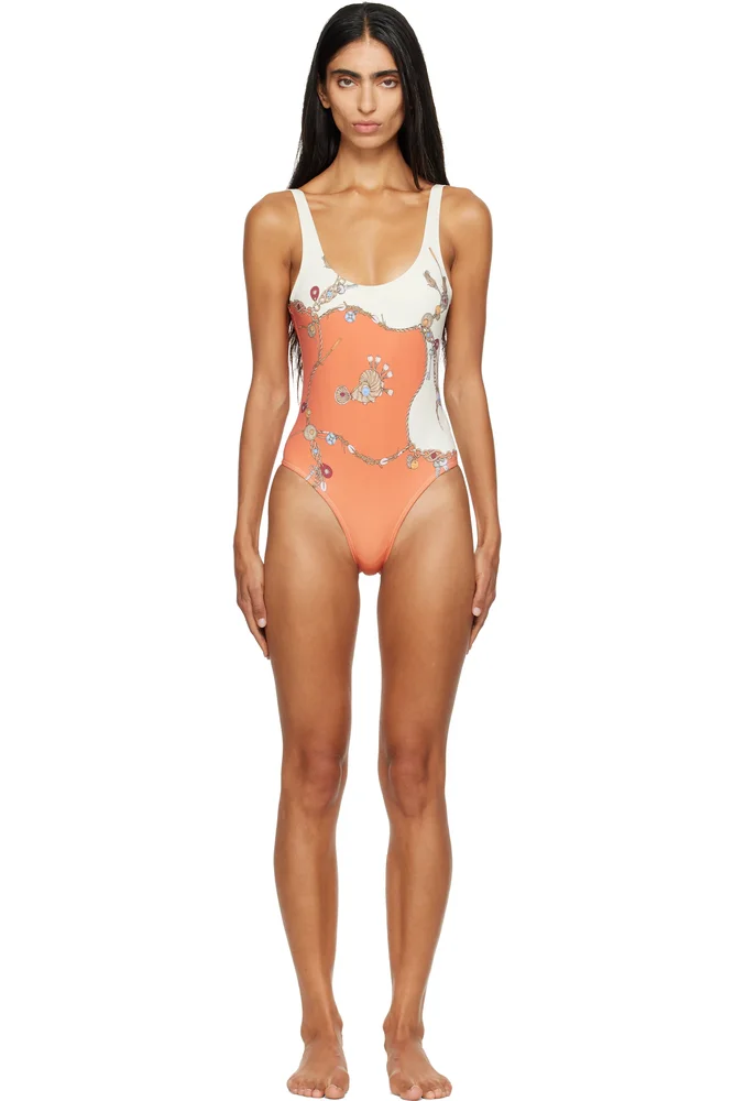 Orange & White Printed One-Piece Swimsuit