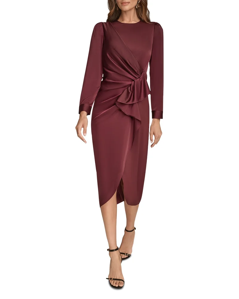 Satin Side-Ruched Cascade Ruffle Midi Dress