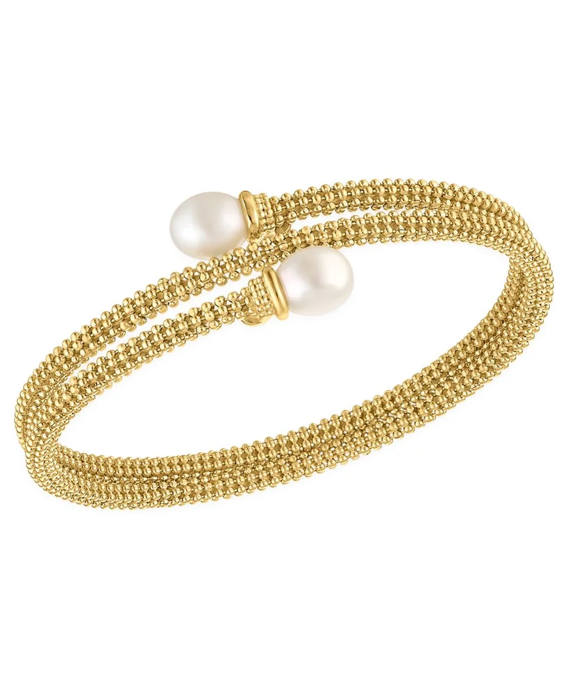 Cultured Freshwater Pearl (7.5-8mm) Bypass Coil Bangle Bracelet in 14k Gold over Sterling Silver