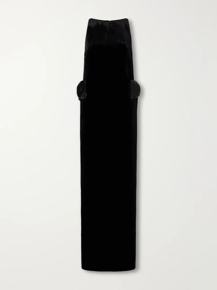 Bow-detailed embellished velvet maxi dress