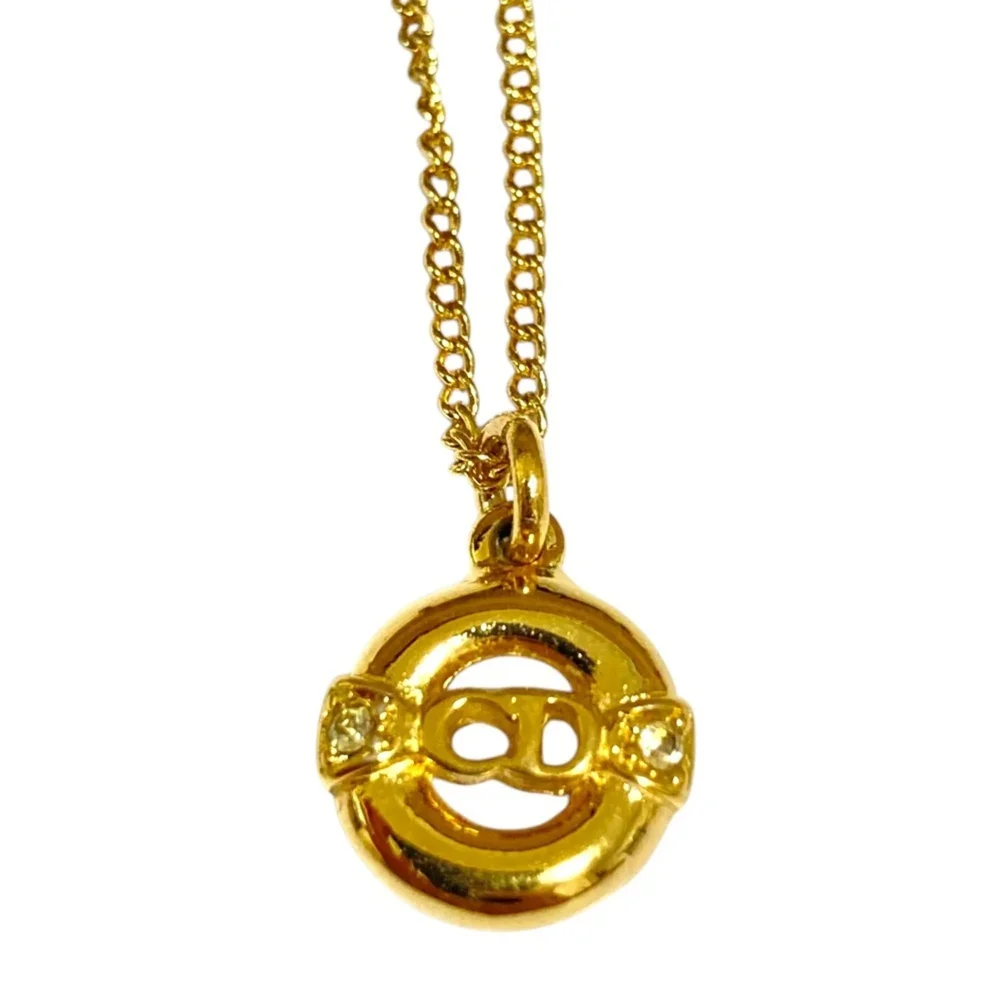 Pre-Owned Vintage Circle CD Pendant Necklace Gold with Rhinestone