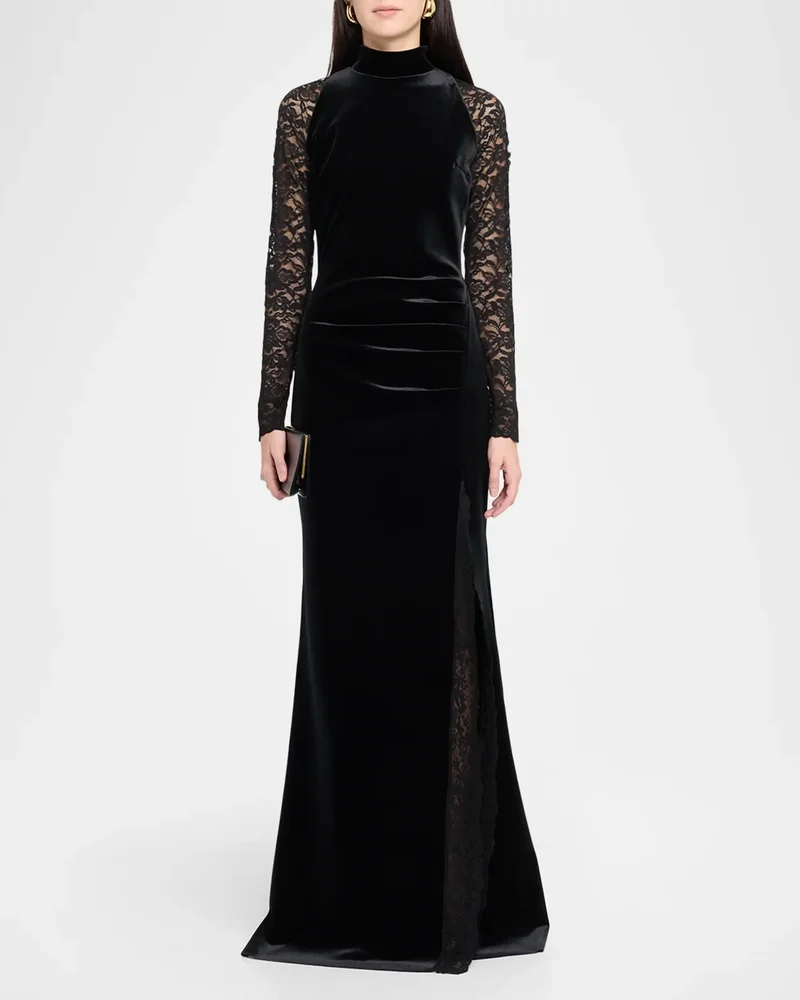 Garim Pleated Lace-Sleeve Velvet Gown