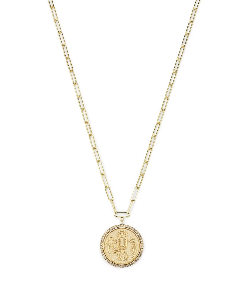 14K Yellow Gold Diamond Coin Charm Necklace, 16"