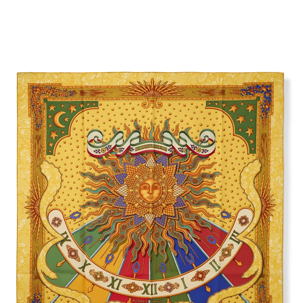 Yellow & Multicolor 'Carpe Diem' Silk Scarf 90
