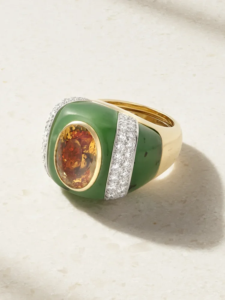 Double Stripe 18-karat gold and platinum topaz, jade and diamond ring