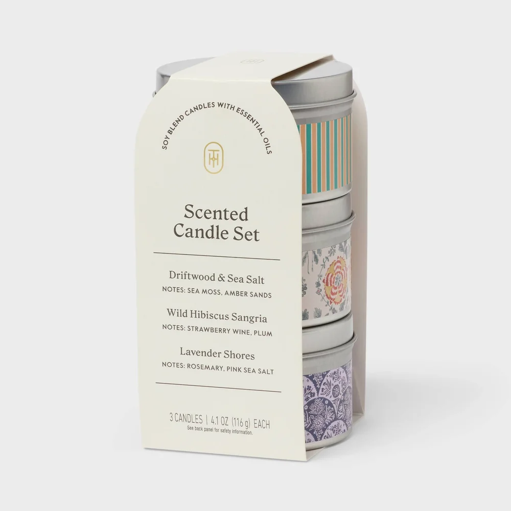 3pk Tin Candle Gift Set Driftwood & Sea Salt + Wild Hibiscus Sangria + Lavender Shores