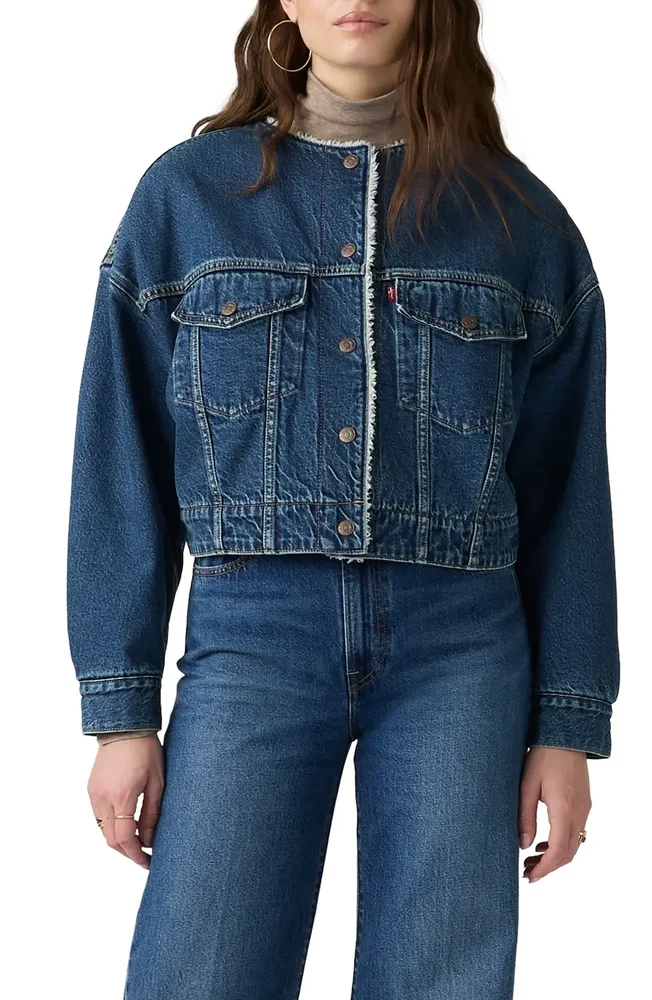 Collarless Cropped Sherpa Trucker Jacket