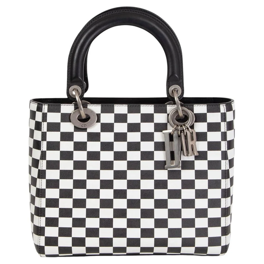 Pre-Owned Virtually New Black and White Check Calfskin Medium Lady Dior