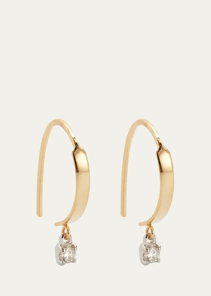 14K Gold Mini Flat Hooked on Hoop Earrings with Dangle Diamonds