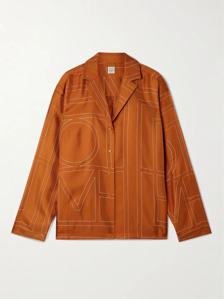 Embroidered silk-twill shirt
