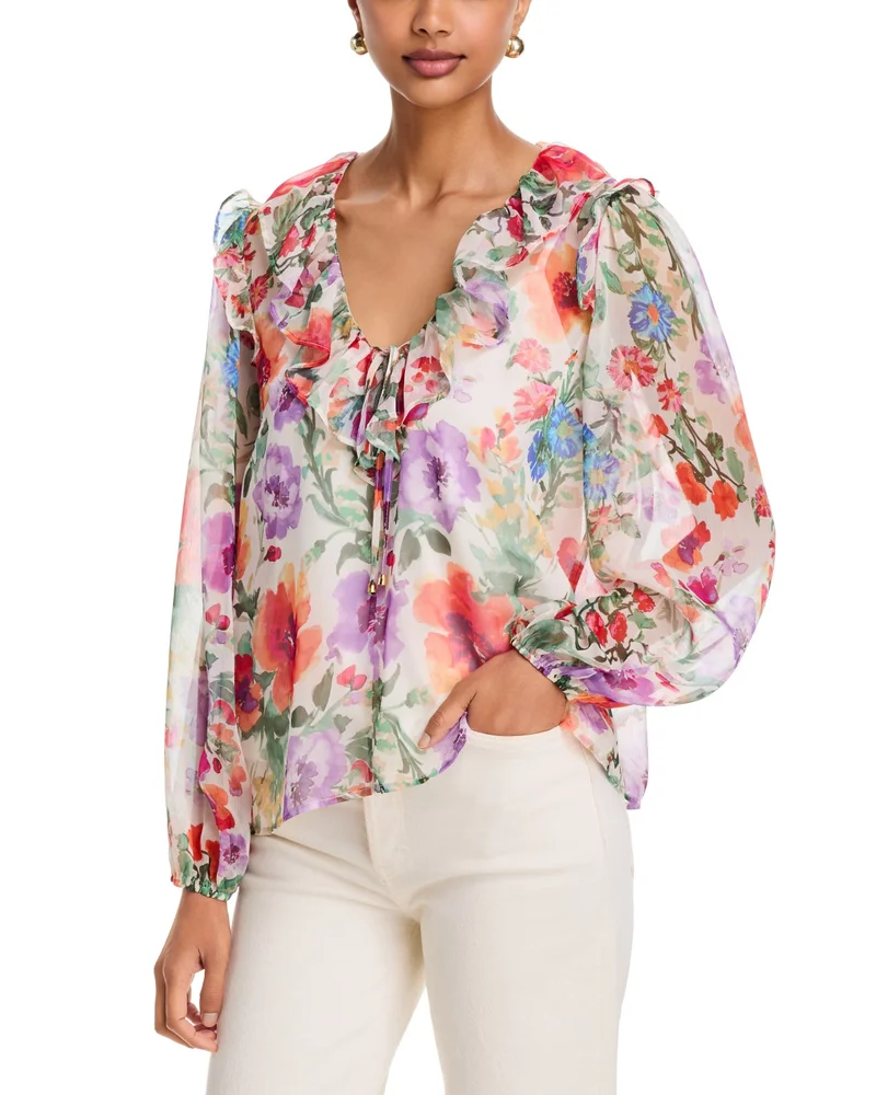 Floral Print Ruffle Neck Blouse