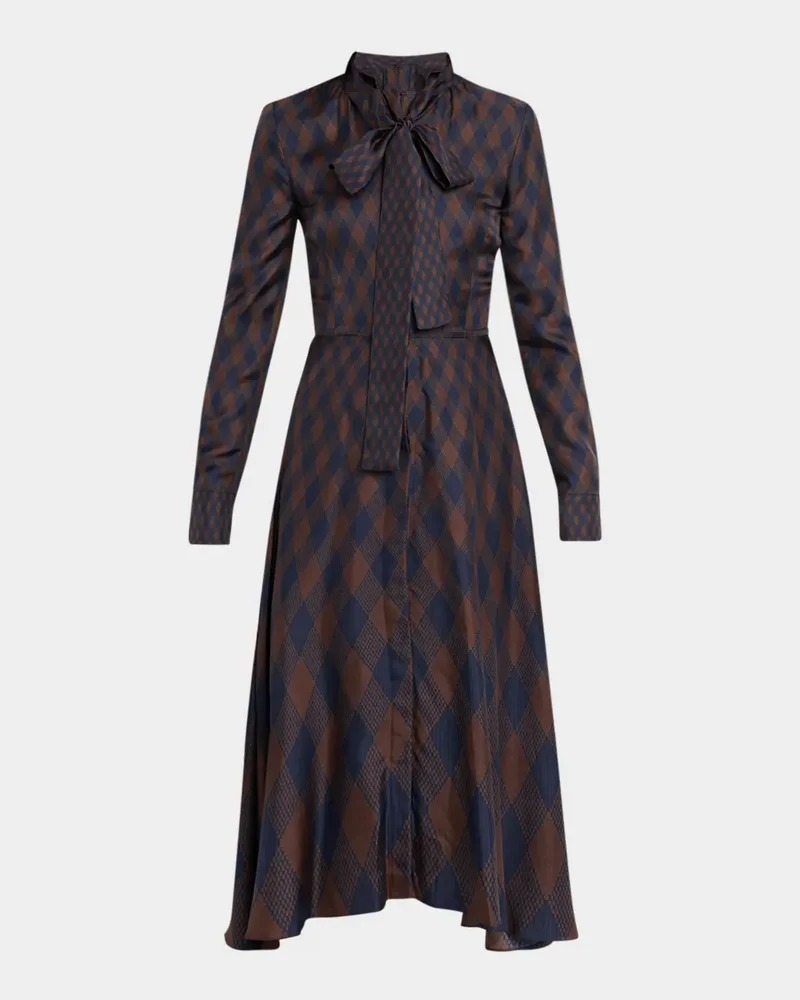 Long-Sleeve Tie-Neck Argyle Silk Midi Dress