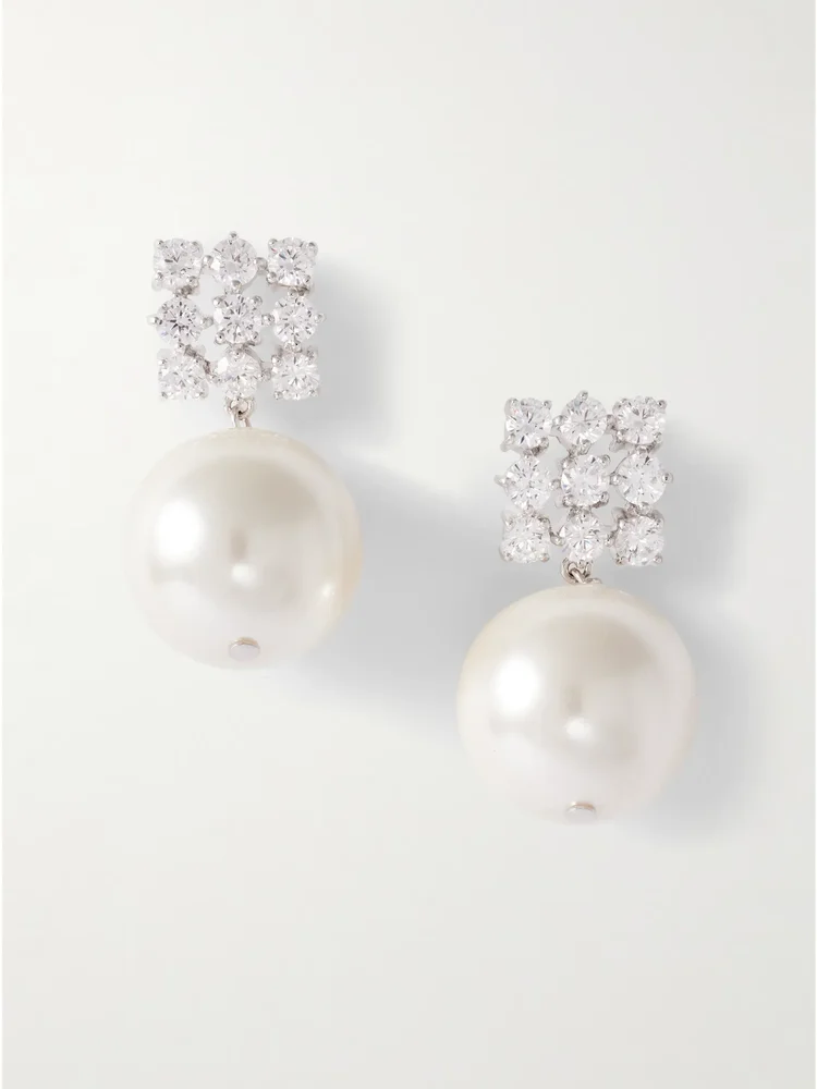 Rhodium-plated, cubic zirconia and pearl earrings