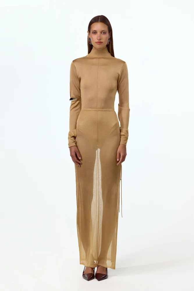 Ruched Knit Maxi Skirt (Gold)
