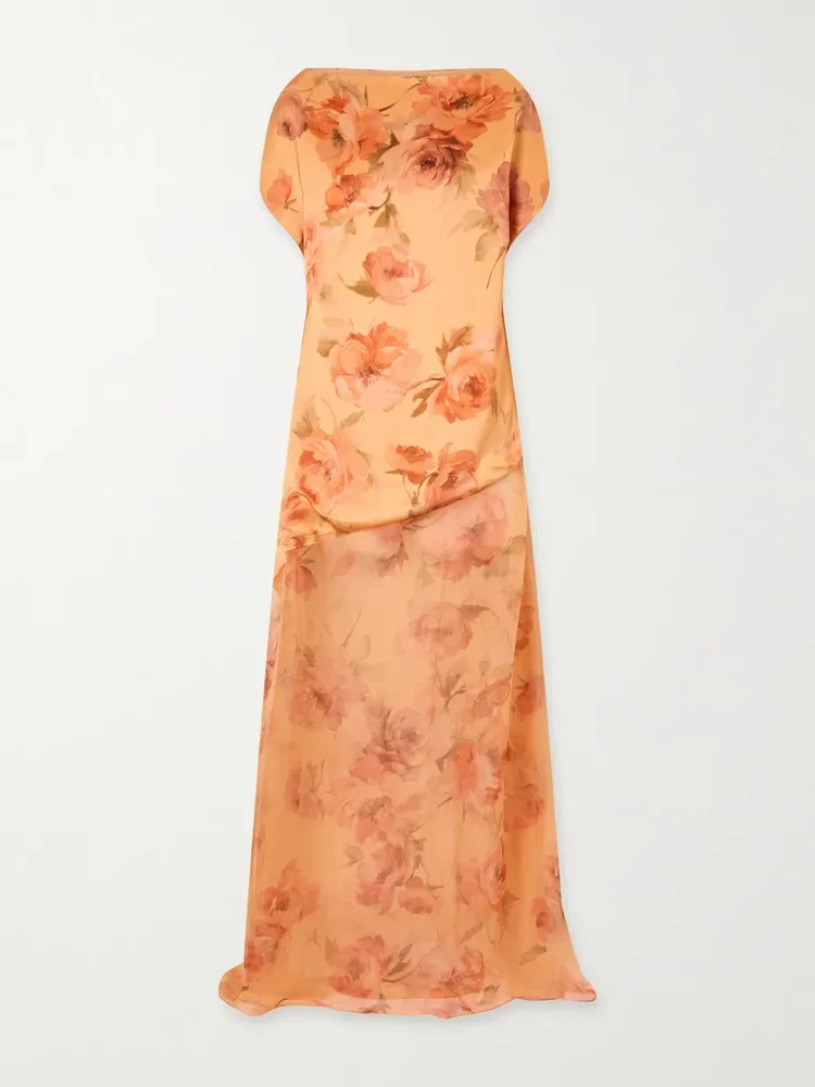 Floral-print chiffon-trimmed satin gown