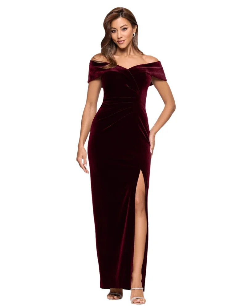 Velvet Off-The-Shoulder Leg-Slit Gown