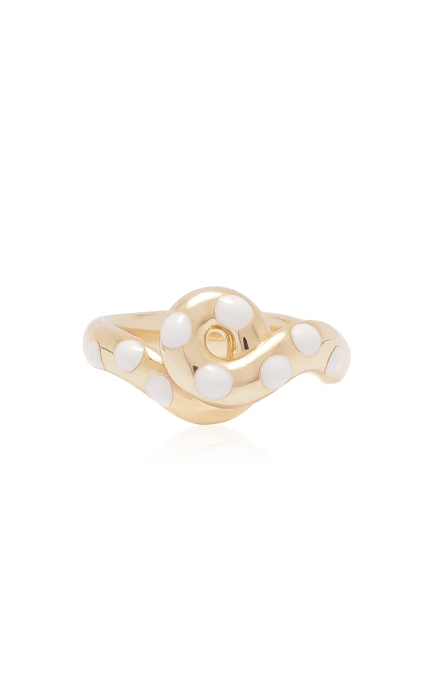 Chunky Wave 9K Yellow Gold Enameled Polka Dot Ring