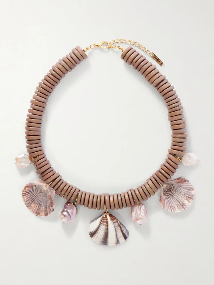 Madeira gold-tone bead-embellished wood, shell and pearl necklace