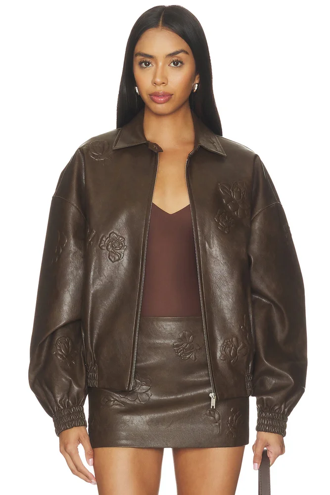 Faux Leather Floral Imprinted Baseball Jacket