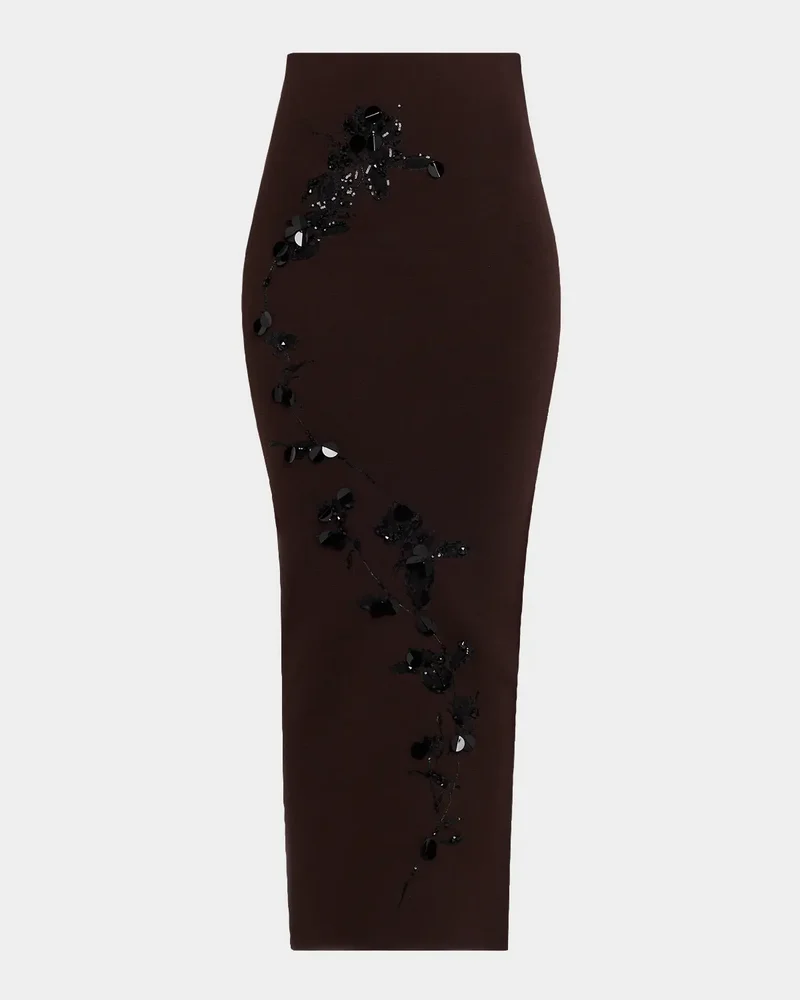 Sequin Embroidered Merino Wool Knit Midi Skirt