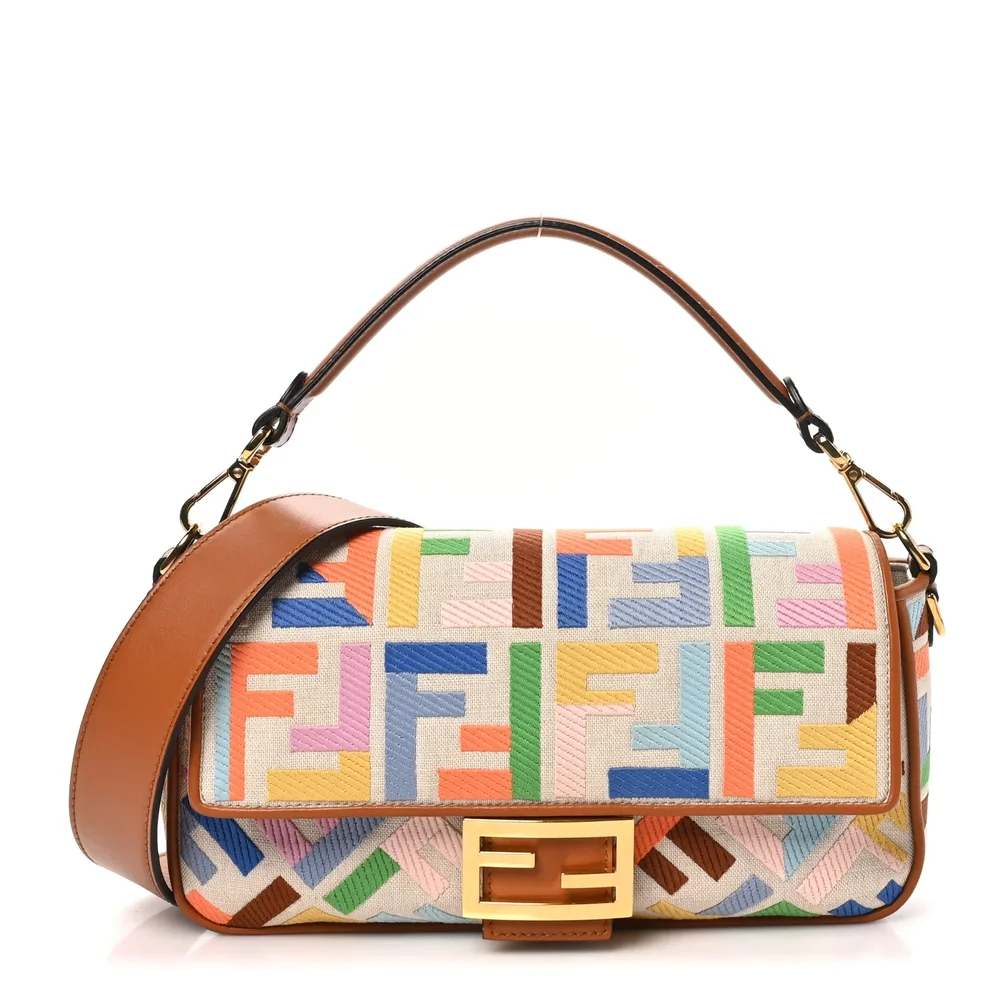 Pre-Owned Kuban Canvas Vitello King FF Embroidered Baguette Grezzo Multicolor