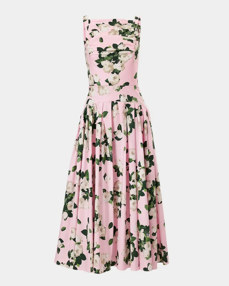 Rose-Print Pleated Drop-Waist Midi Dress