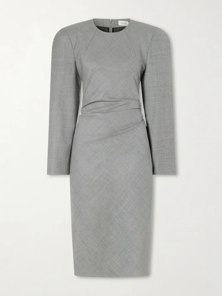 Tie-detailed gathered padded wool-blend midi dress