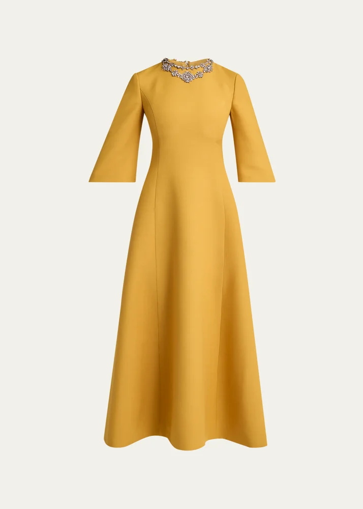 Crystal Embroidered Silk-Wool 3/4-Sleeve Midi Dress