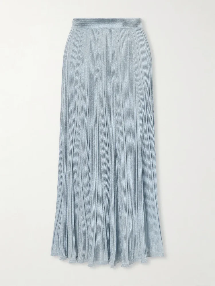 aster metallic ribbed knit midi skirt