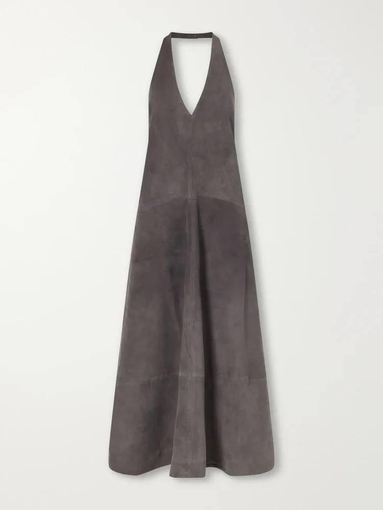 Paneled suede halter midi dress