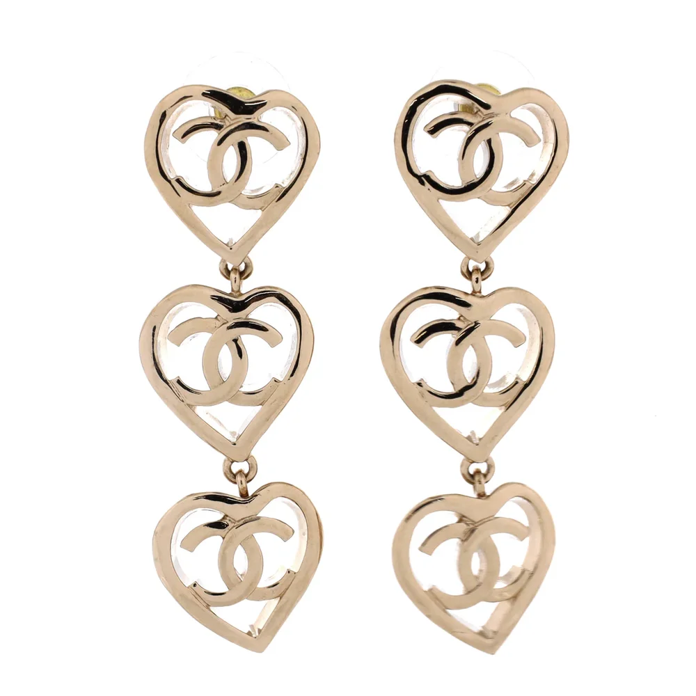 Pre-Owned Coco In Love Triple Heart CC Drop Earrings Metal
