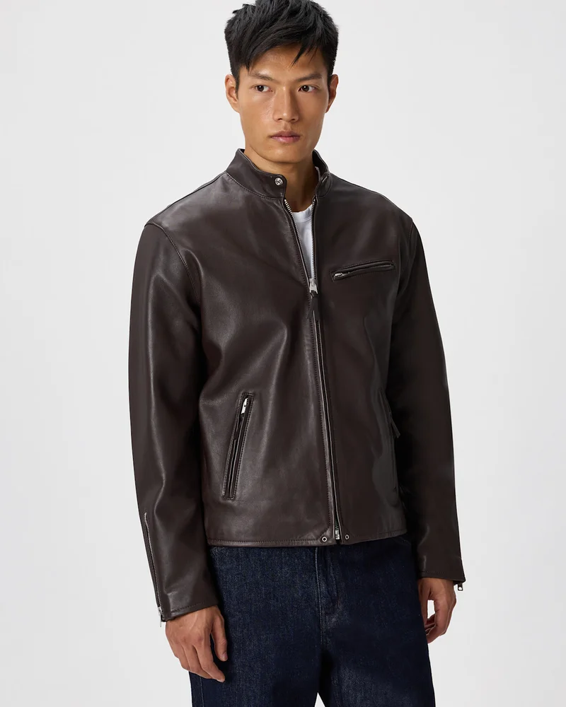 Men's 100% Leather Café Racer Jacket in Rich Brown